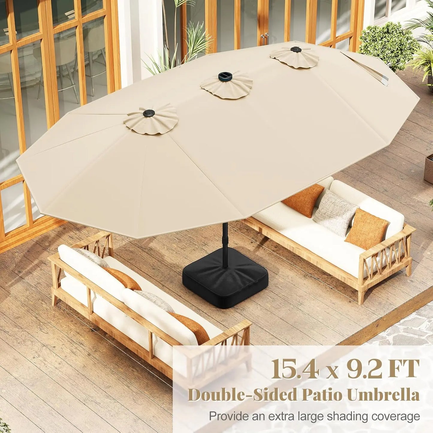 4.5 x 4 m solar parasol with base; extra-large double outdoor parasol with 36 LED lights and crank mechanism — ideal for gardens, terraces, poolside and outdoor spaces.