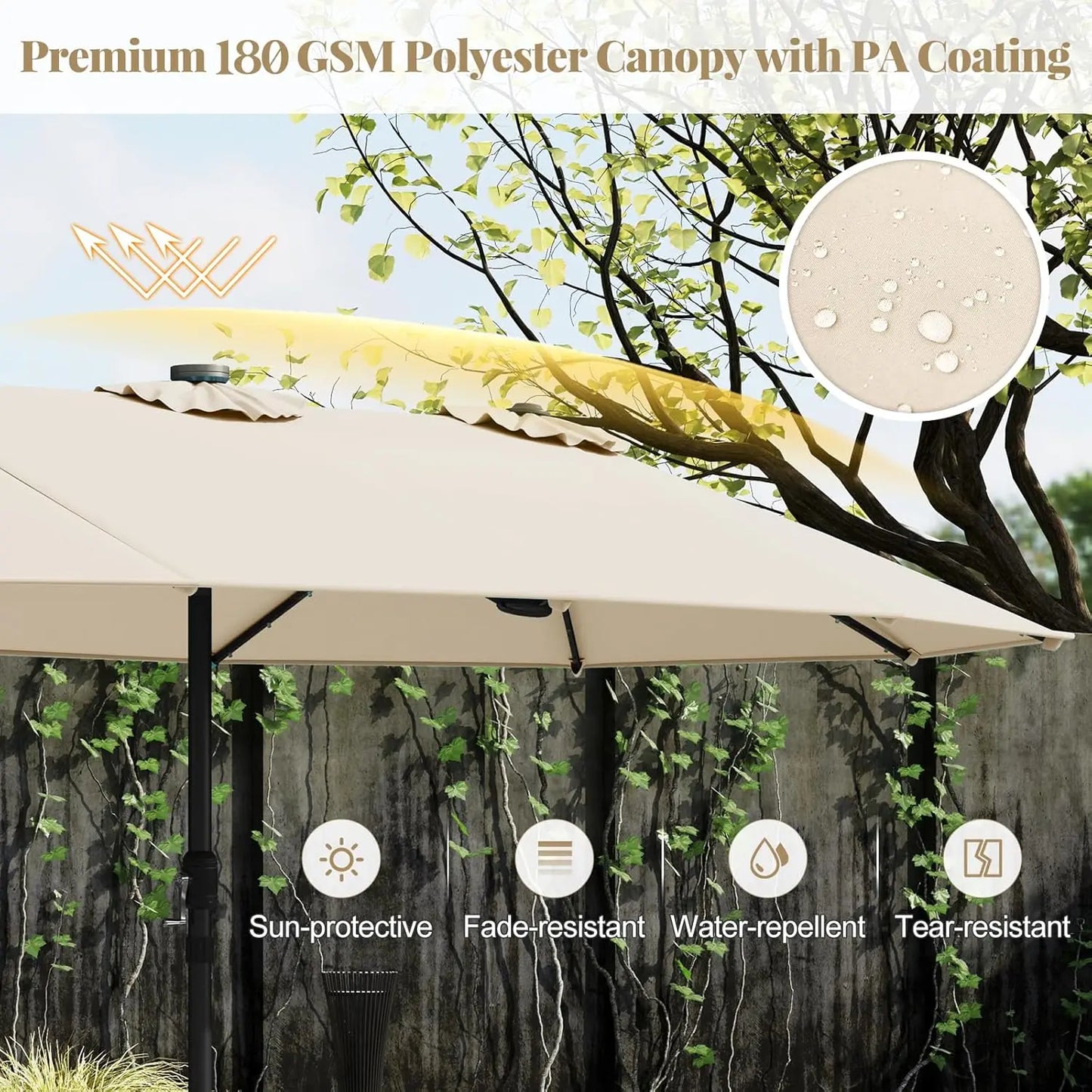 4.5 x 4 m solar parasol with base; extra-large double outdoor parasol with 36 LED lights and crank mechanism — ideal for gardens, terraces, poolside and outdoor spaces.