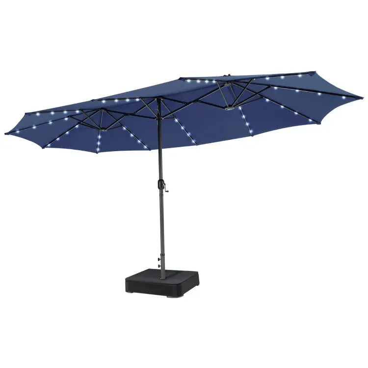 4.5 x 4 m solar parasol with base; extra-large double outdoor parasol with 36 LED lights and crank mechanism — ideal for gardens, terraces, poolside and outdoor spaces.