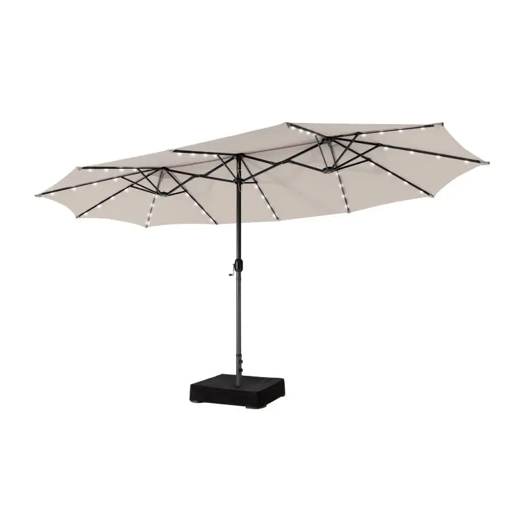 4.5 x 4 m solar parasol with base; extra-large double outdoor parasol with 36 LED lights and crank mechanism — ideal for gardens, terraces, poolside and outdoor spaces.