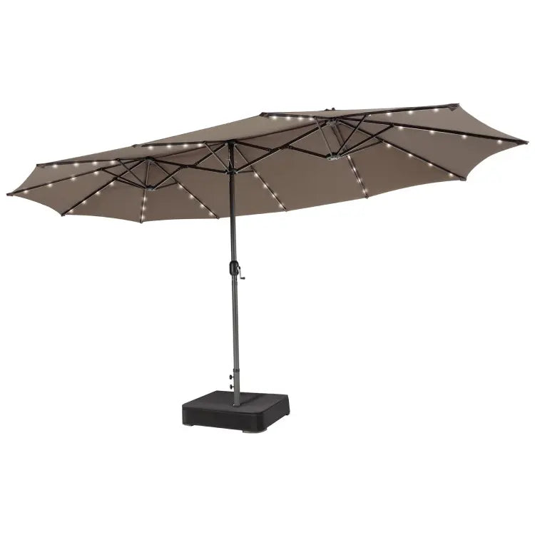 4.5 x 4 m solar parasol with base; extra-large double outdoor parasol with 36 LED lights and crank mechanism — ideal for gardens, terraces, poolside and outdoor spaces.