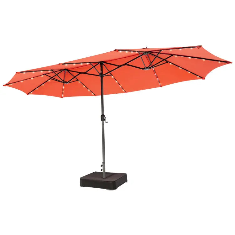 4.5 x 4 m solar parasol with base; extra-large double outdoor parasol with 36 LED lights and crank mechanism — ideal for gardens, terraces, poolside and outdoor spaces.