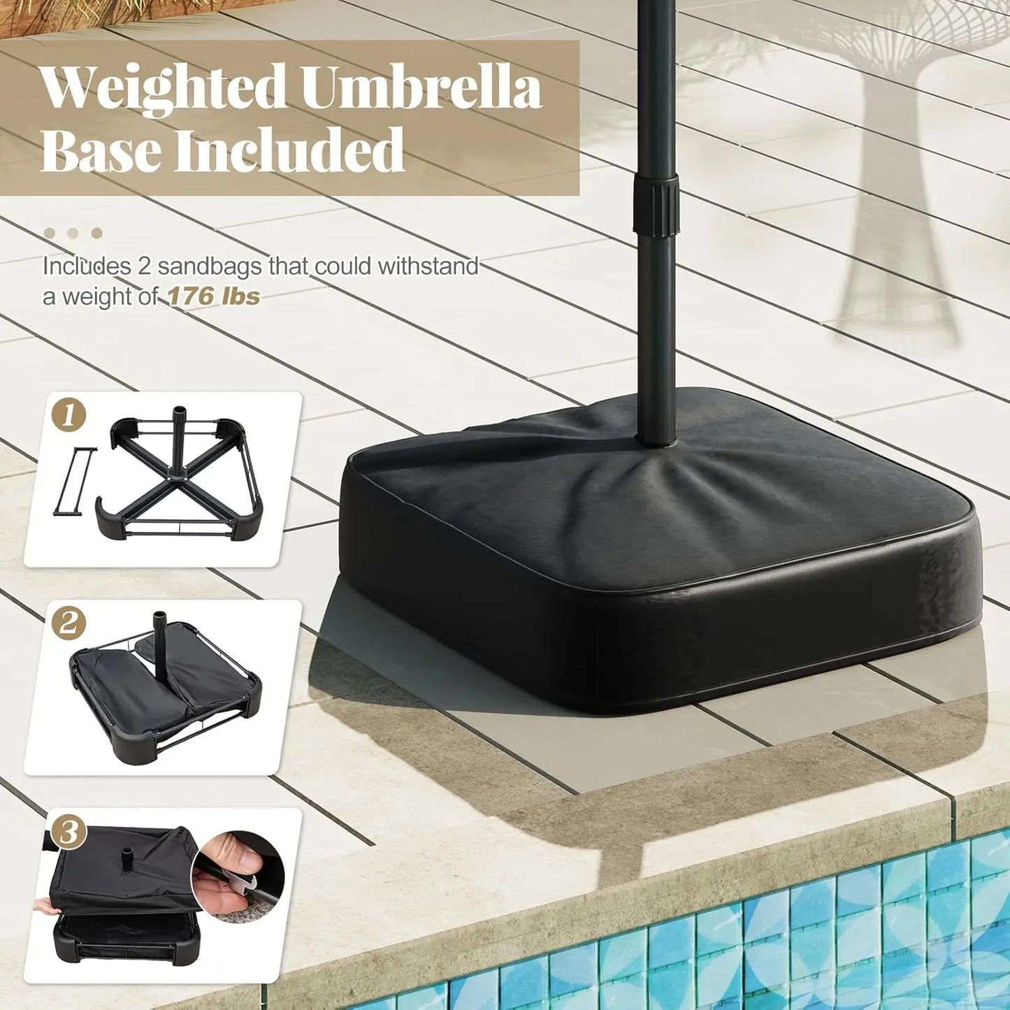 4.5 x 4 m solar parasol with base; extra-large double outdoor parasol with 36 LED lights and crank mechanism — ideal for gardens, terraces, poolside and outdoor spaces.