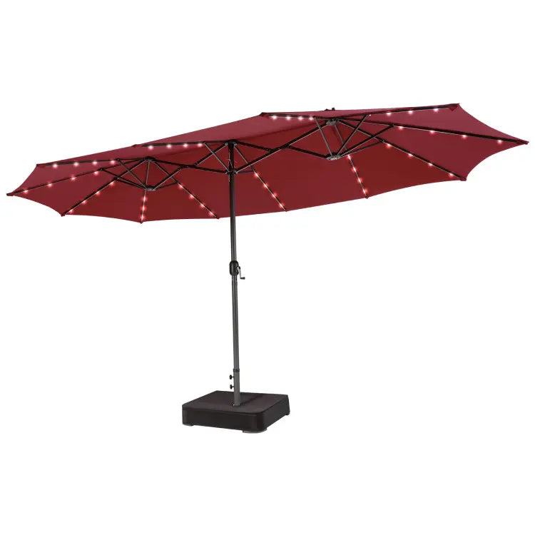 4.5 x 4 m solar parasol with base; extra-large double outdoor parasol with 36 LED lights and crank mechanism — ideal for gardens, terraces, poolside and outdoor spaces.