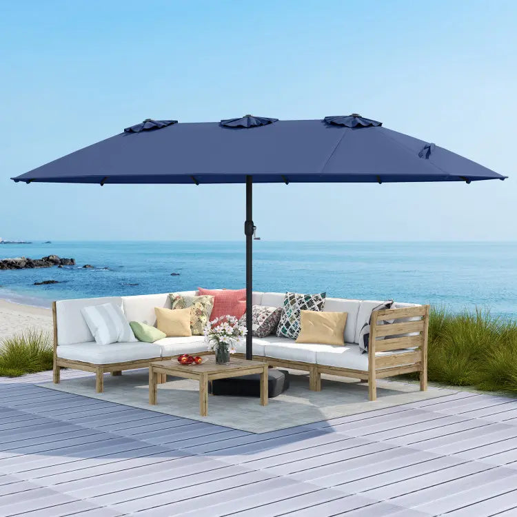4.5 x 4 m solar parasol with base; extra-large double outdoor parasol with 36 LED lights and crank mechanism — ideal for gardens, terraces, poolside and outdoor spaces.